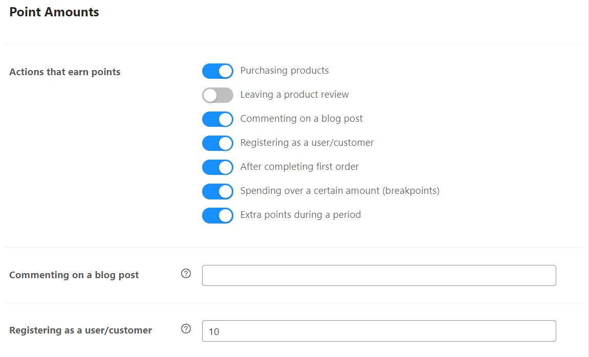 Add reward points for WooCommerce by selecting the actions that earn points.