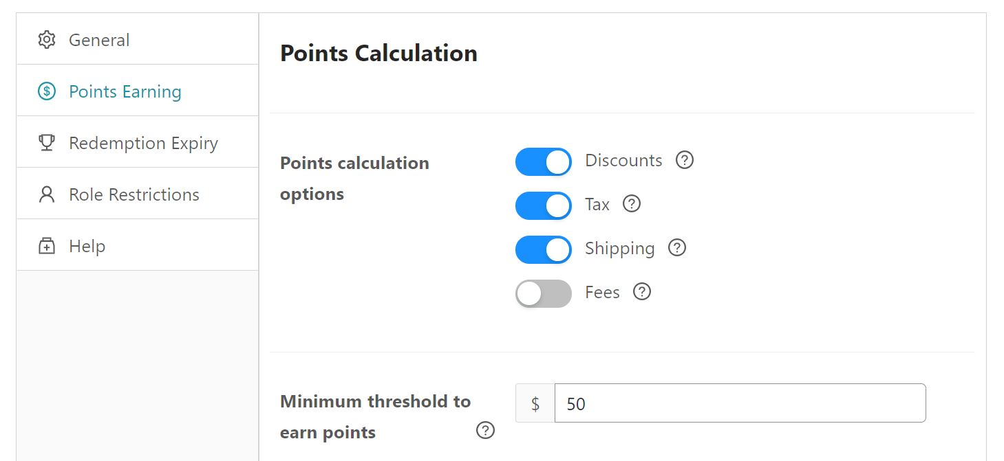 Selecting the points calculation options and minimum threshold to earn points.