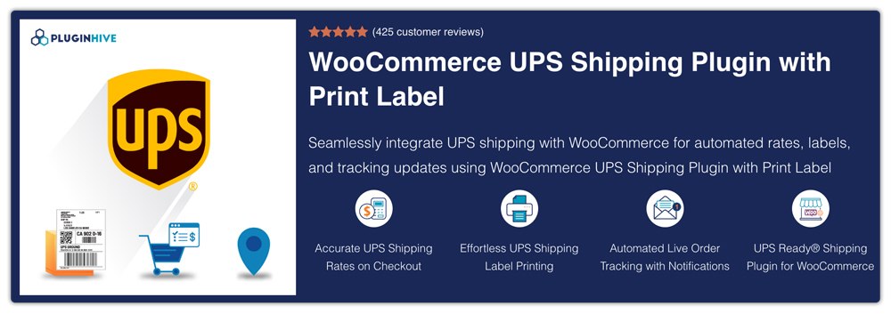 Banner promoting WooCommerce UPS Shipping Plugin with Print Label; UPS shield on left and features on dark blue right.