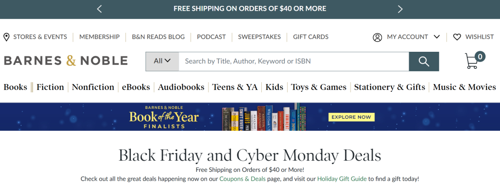 Barnes & Noble Black Friday and Cyber Monday deals page, featuring free shipping on orders of  or more