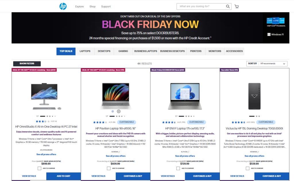 HP Black Friday landing page showcasing top deals on laptops, desktops, and accessories, with discounts up to 75% 