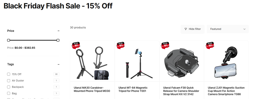 Black Friday flash sale page offering 15% off on various tech accessories