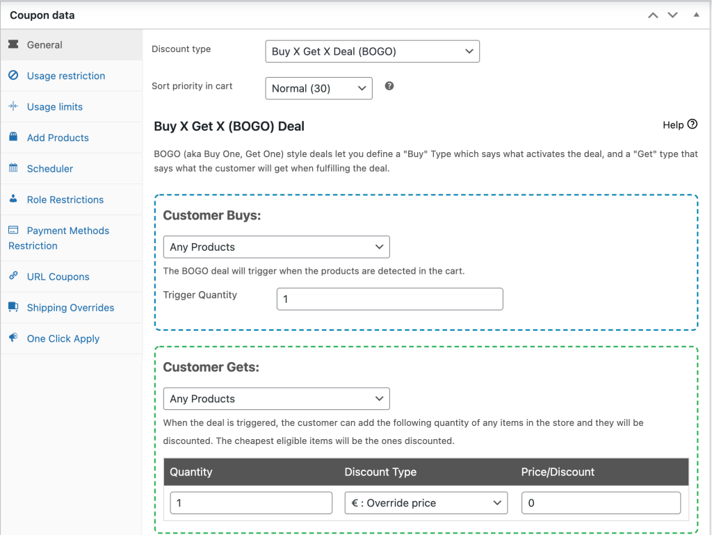 BOGO deal configuration in WooCommerce