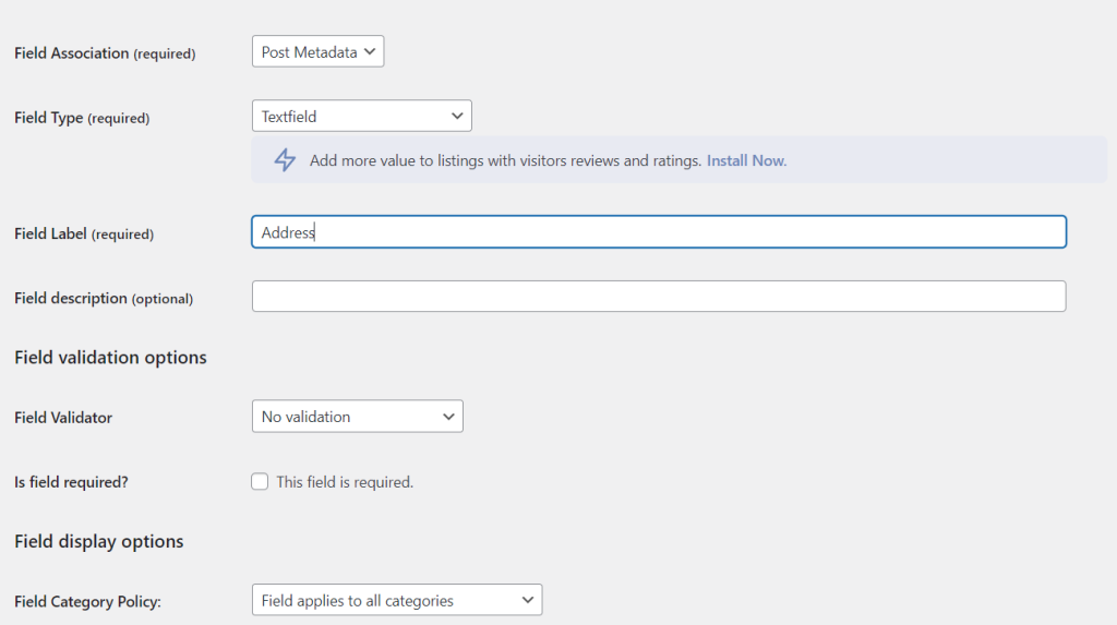 Form field settings for Business Directory Plugin. 