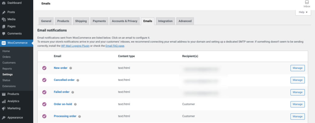 The WooCommerce Emails tabs to check why WooCommerce not sending emails. 