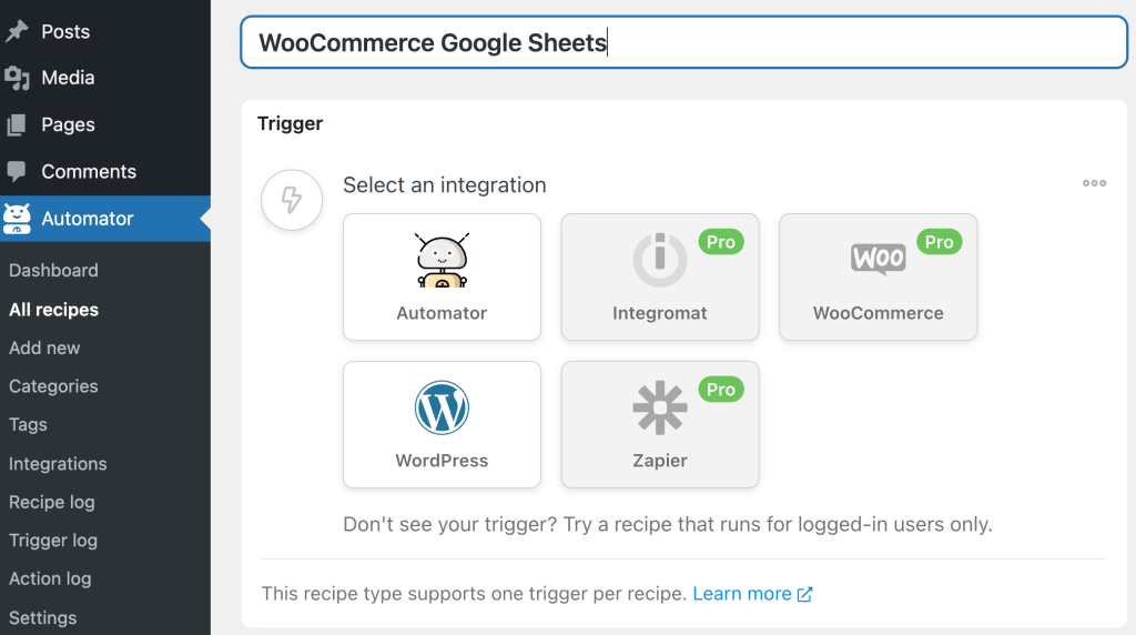 Editing a recipe on the Uncanny Automator plugin for WordPress. WooCommerce Google Sheets