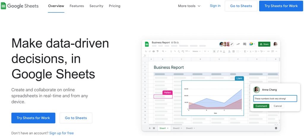 Google Sheets homepage.