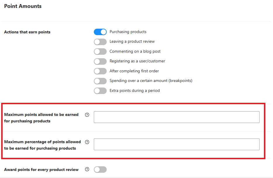 Setting page for Maximum points earned for purchasing products.