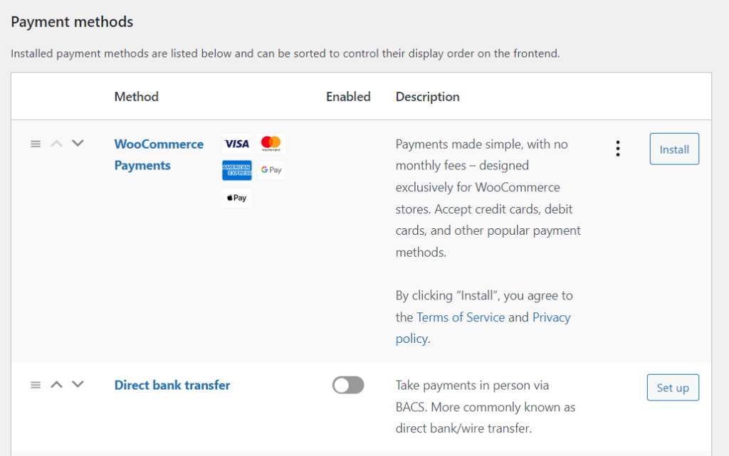 Payment methods in WooCommerce