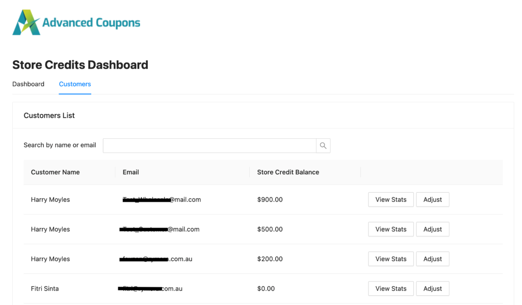 Store Credits dashboard with customer details