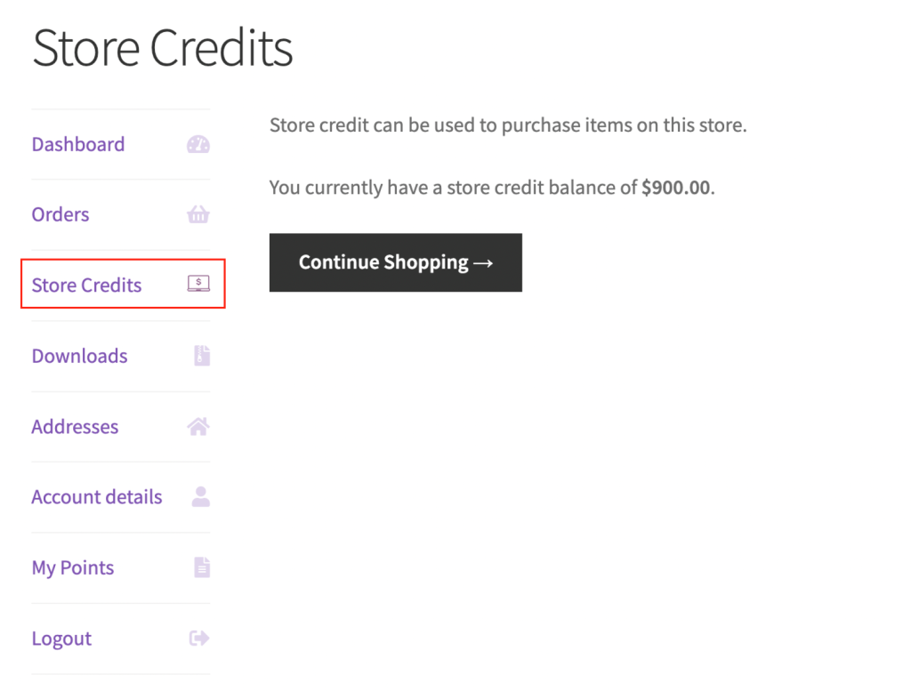 Store credit tab found in the My Account page