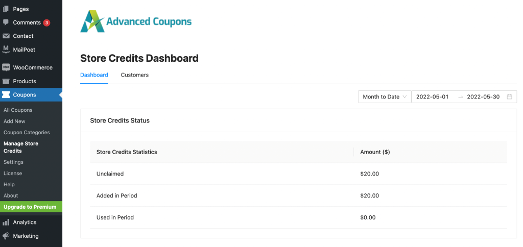 Store credits dashboard