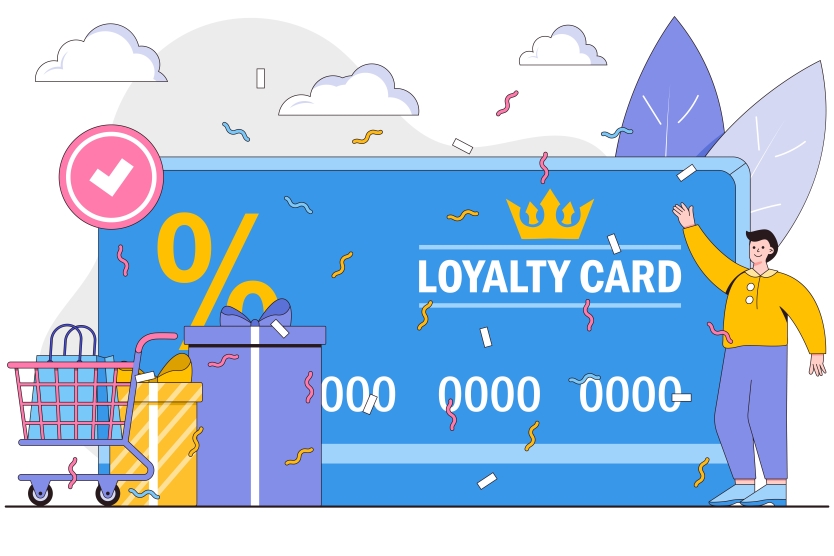 Customer joining a loyalty program, represented by a card, cart, discount, and gifts. 