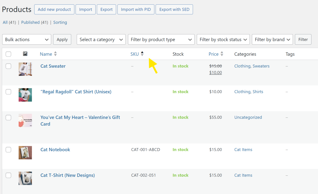 WooCommerce product list with SKU column highlighted, showing various cat-themed products and their assigned SKU codes