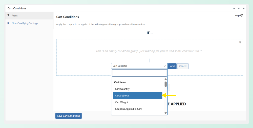 Cart Conditions screen in Advanced Coupons with Cart Subtotal selected from the condition list