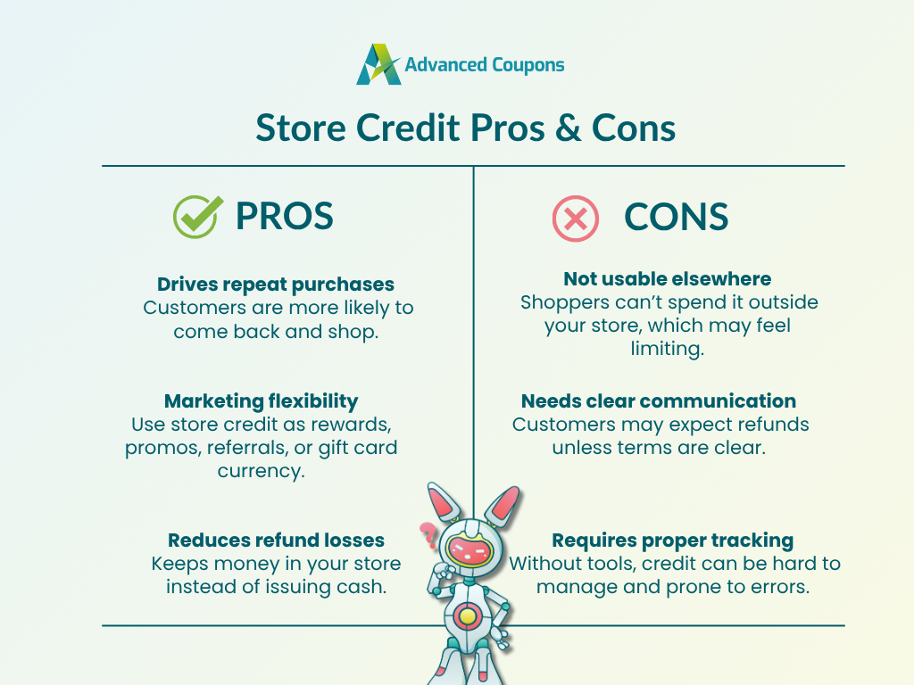 store-credit-pros-and-cons - Advanced Coupons Visual table comparing the pros and cons of offering store credit in WooCommerce