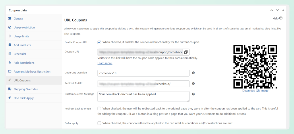 URL Coupons settings in Advanced Coupons with coupon URL, code override, checkout redirect, and success message