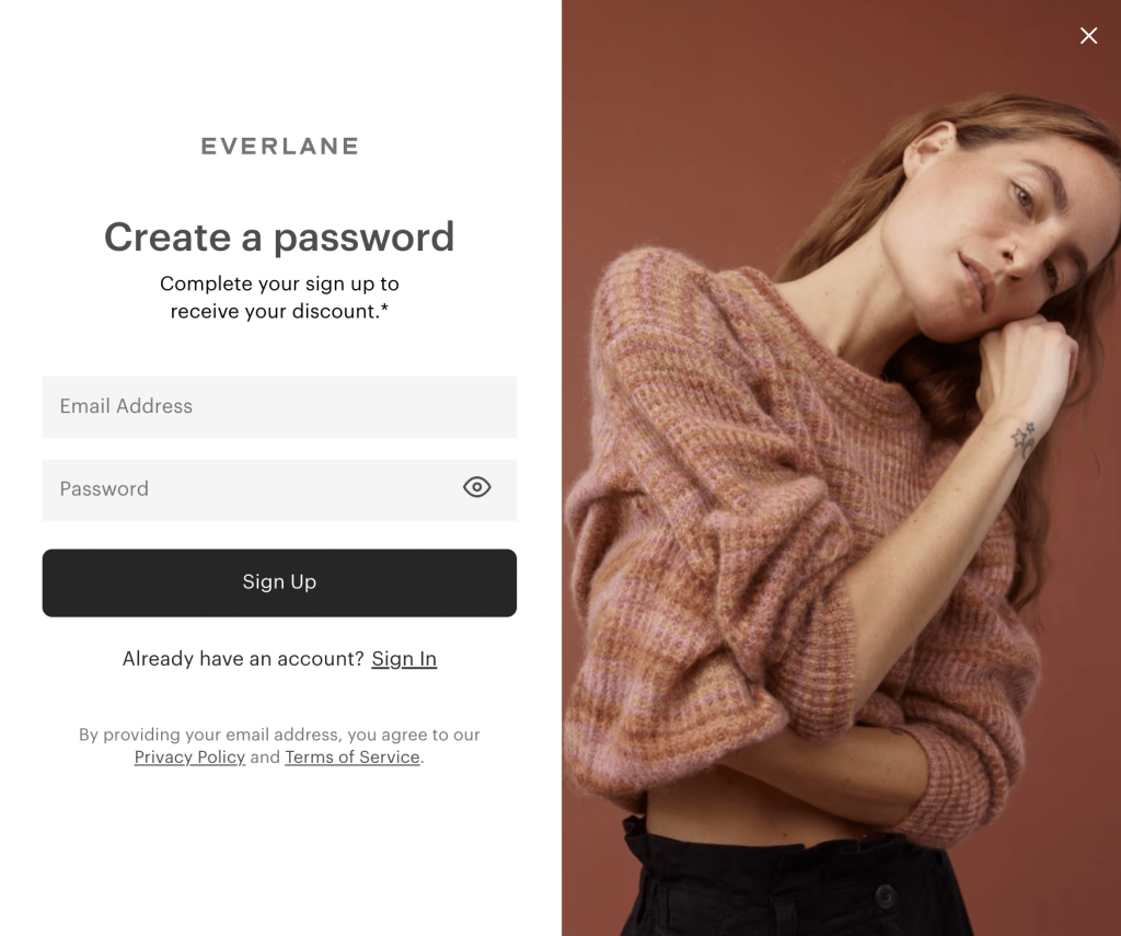 Example of a signup page from Everlane