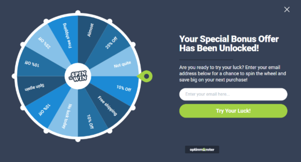 OptinMonster spin-wheel example, offering different types of coupons