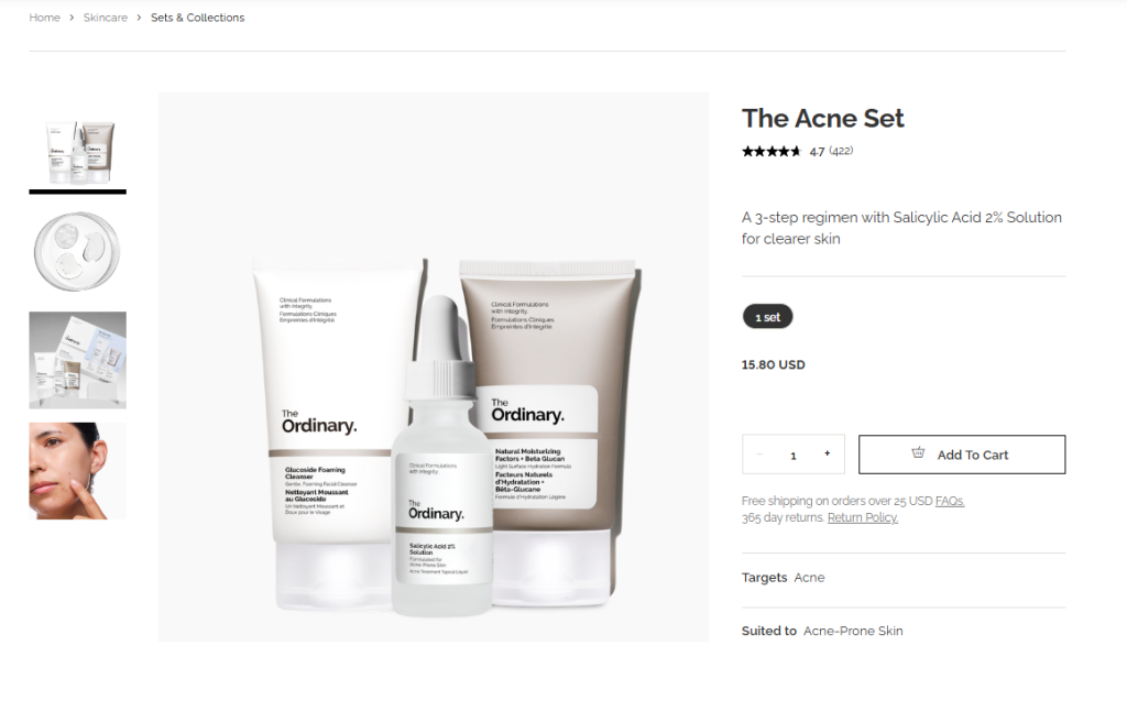 Skincare bundle deal example featuring The Ordinary acne set