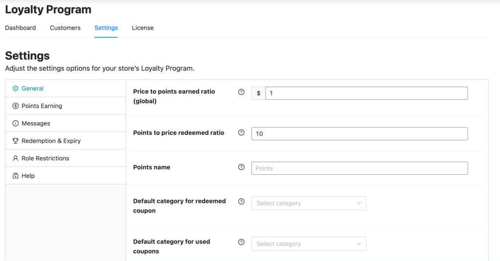 Settings in the Loyalty Program dashboard. 