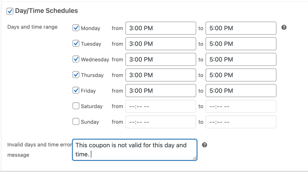 Choosing the time period of when the happy hour will be applied. 