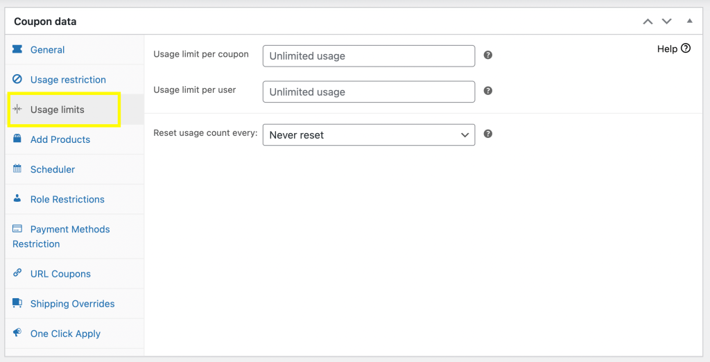 The Usage limits tab in Coupon data. 