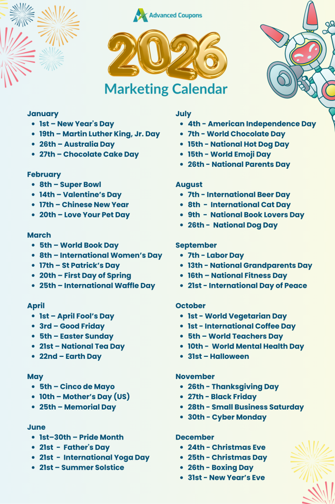 2026 promotional calendar by advanced coupons - Advanced Coupons 2026 marketing calendar