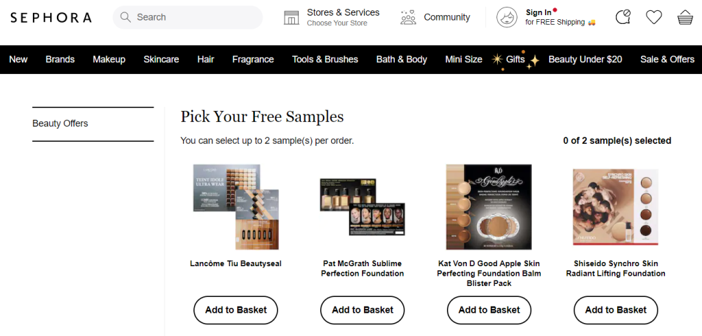 Free samples on Sephora's online store.