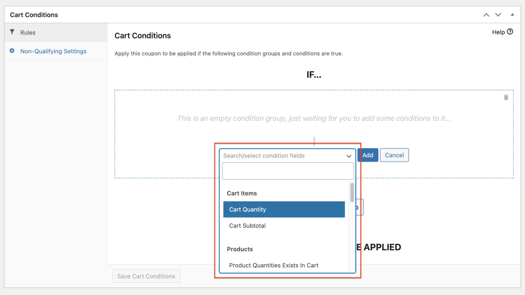 Select a cart condition for your coupon