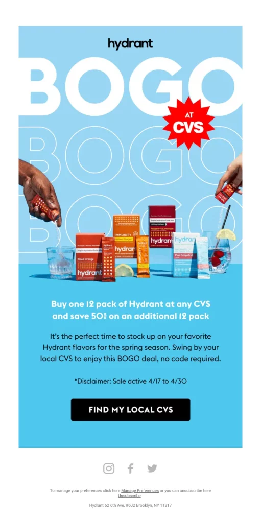 Hydrant BOGO offer at CVS: buy one 12-pack and get 50% off an additional 12-pack, valid from 4/17 to 4/30.