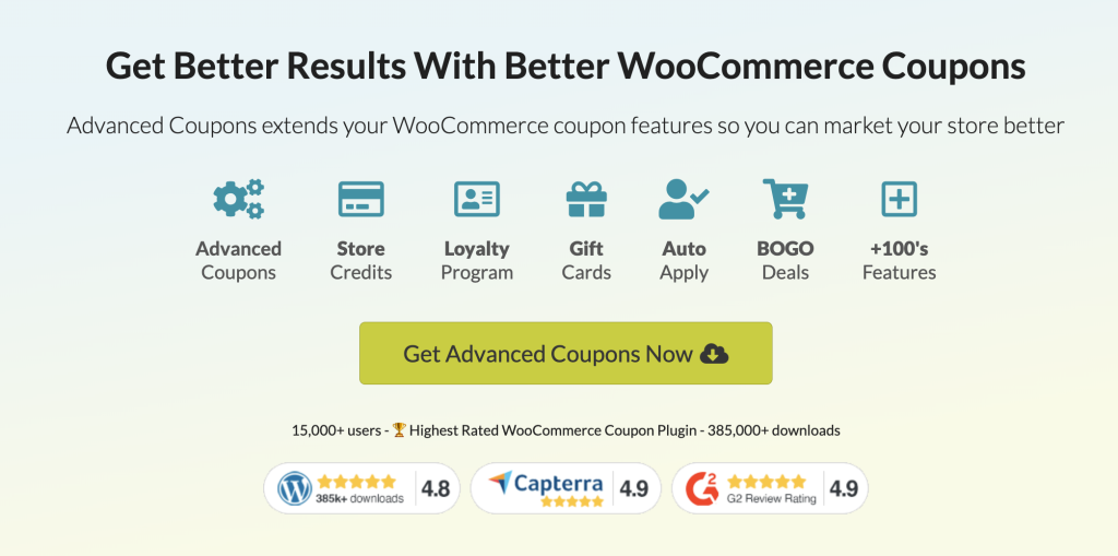 Homepage for Advanced Coupons, the best coupon plugin in WooCommerce, highlighting its various features and benefits. 