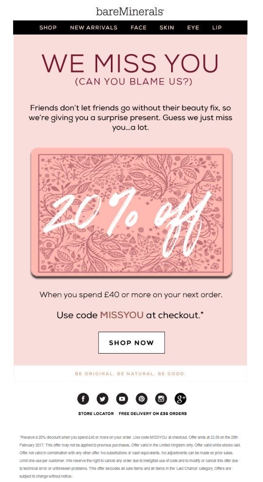 BareMinerals promotional email offering 20% off on the next order over £40 with code "MISSYOU" at checkout. 