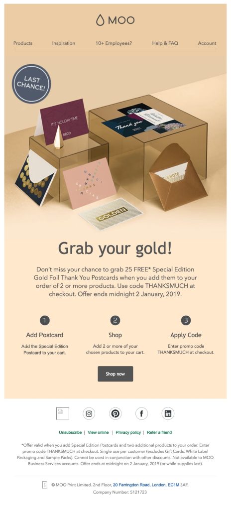 
MOO promotion offering 25 free Special Edition Gold Foil Thank You Postcards with purchase of 2 or more products using code THANKSMUCH at checkout.