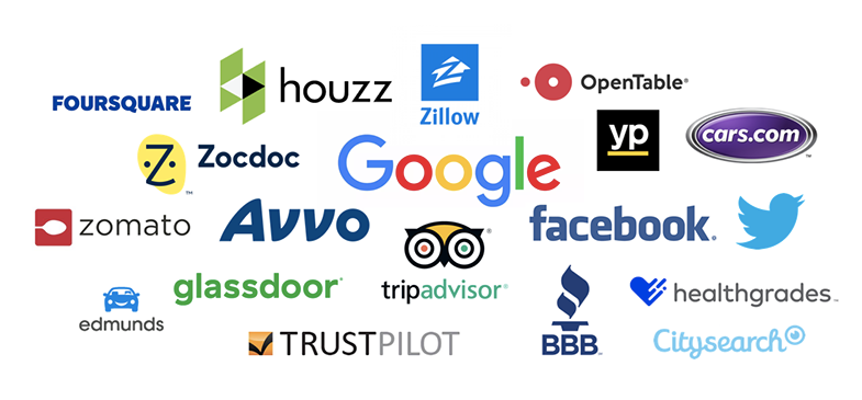 A collage of logos representing various review and rating platforms including Google, Facebook, Yelp, TripAdvisor, Trustpilot, and more.