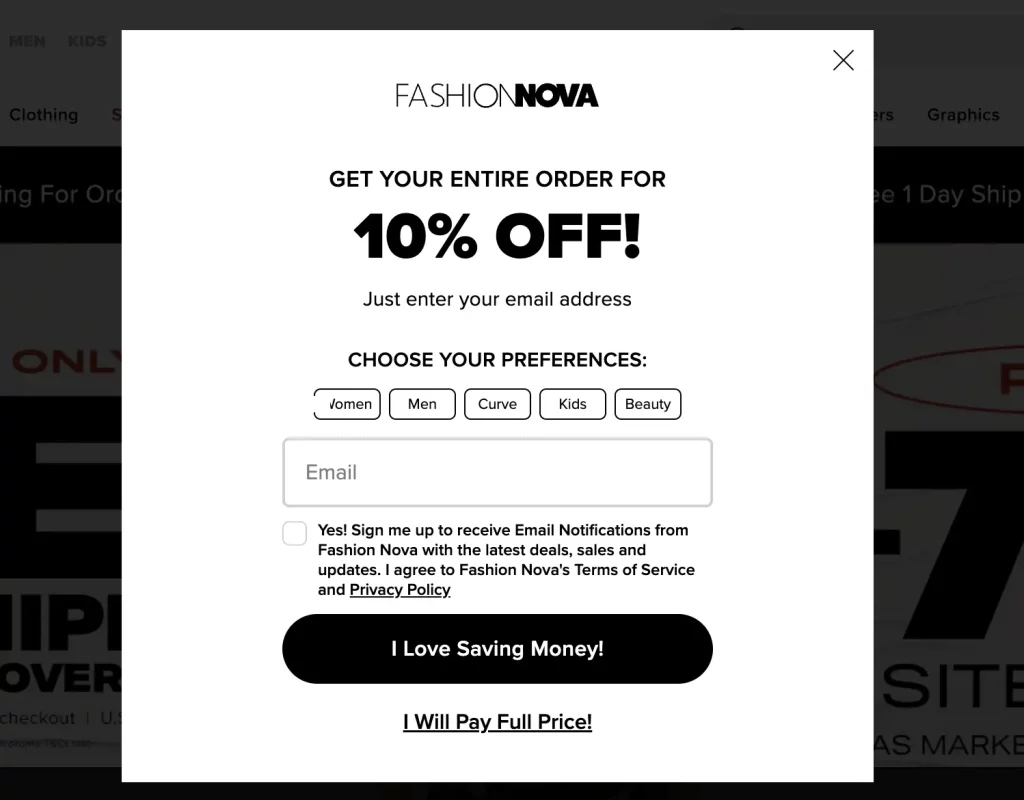 Coupon Example from Fashion Nova