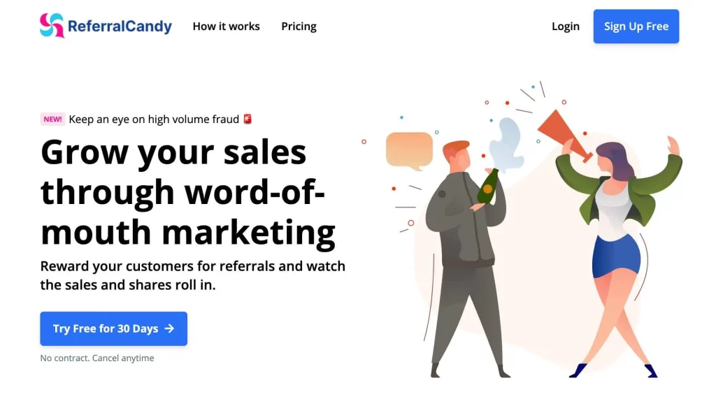 ReferralCandy’s homepage encouraging affiliate marketing through customer referrals and highlighting fraud monitoring features