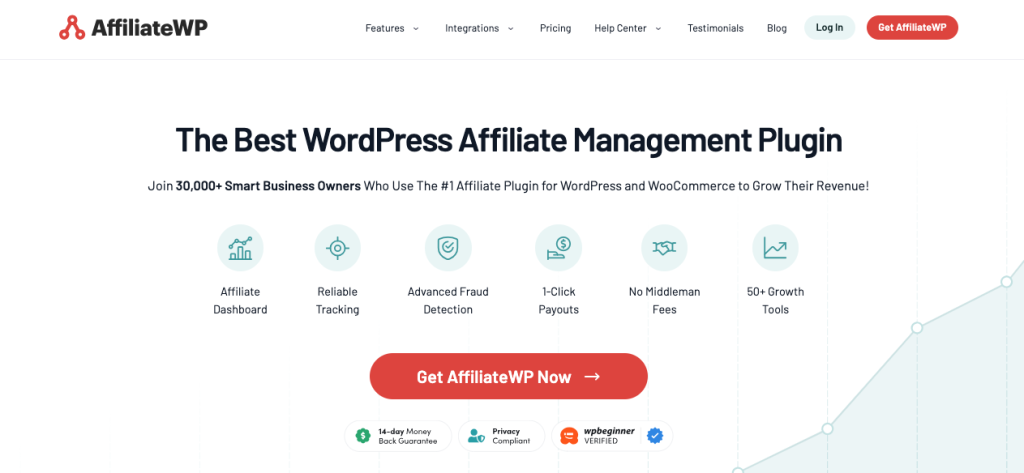 AffiliateWP’s homepage showcasing features like affiliate dashboards, reliable tracking, and 1-click payouts for WooCommerce stores.