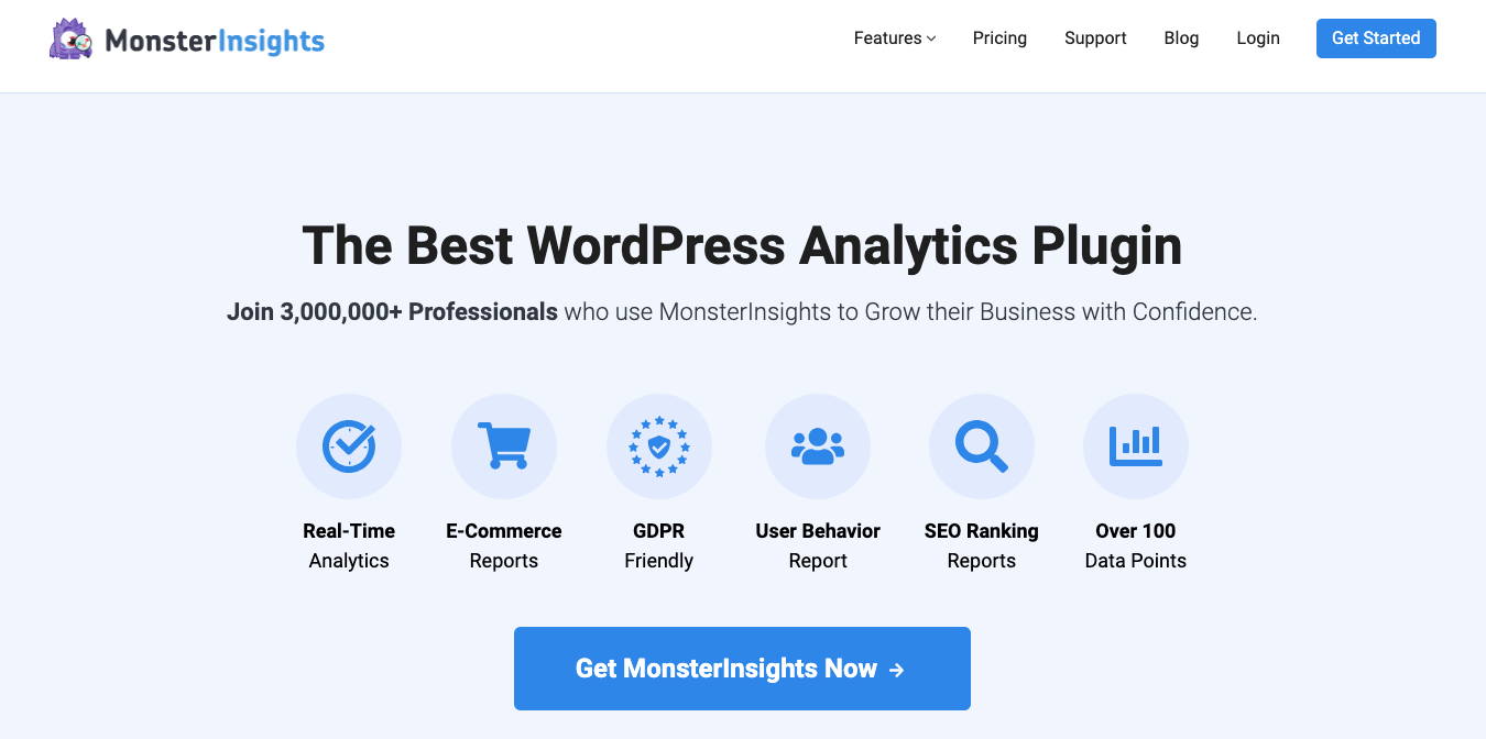 MonsterInsights’ homepage promoting real-time analytics, user behavior reports, and SEO insights for affiliate tracking