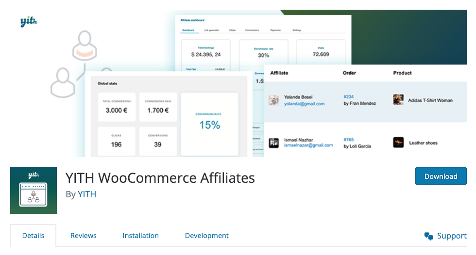 YITH WooCommerce Affiliates showcasing dashboard metrics, affiliate performance data, and conversion tracking features