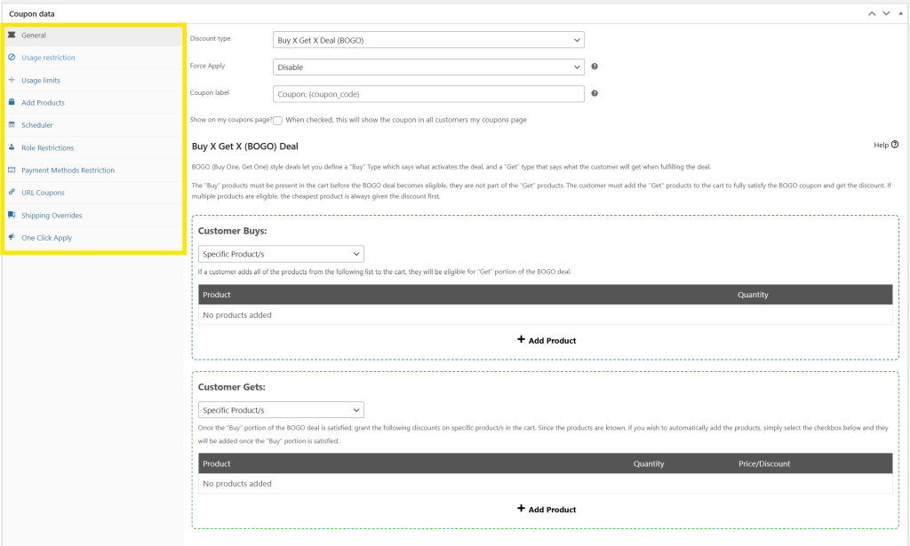 additional-options - Advanced Coupons Advanced Coupons plugin settings showing additional options like BOGO, auto-apply, and usage restrictions
