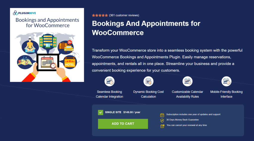 Promotional webpage for PluginHive's 'Bookings and Appointments for WooCommerce' plugin, highlighting features, pricing, and booking calendar integration on dark blue layout.