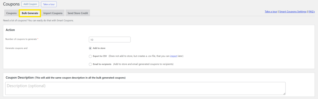 bulk-generate-storeapps - Advanced Coupons Interface of WooCommerce Smart Coupons (StoreApps) showing bulk coupon generation options