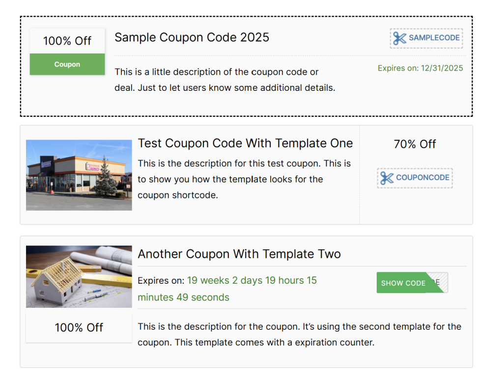wpcoupon-samples - Advanced Coupons Example layout of coupons created using WP Coupons and Deals with user engagement tools