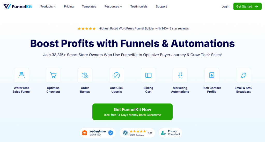 funnelkit2025 - Advanced Coupons A website interface for FunnelKit, promoting sales funnel services with various features and a prominent call-to-action button