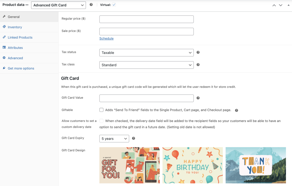 Built-in Advanced Gift Cards designs 