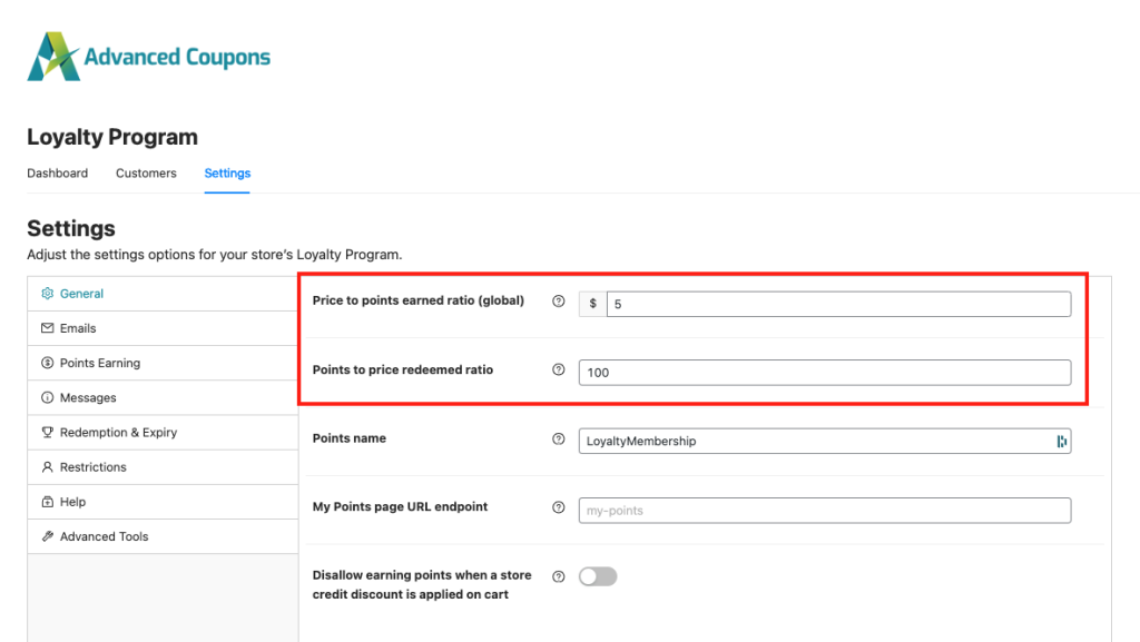 Advanced Coupons' loyalty program settings 