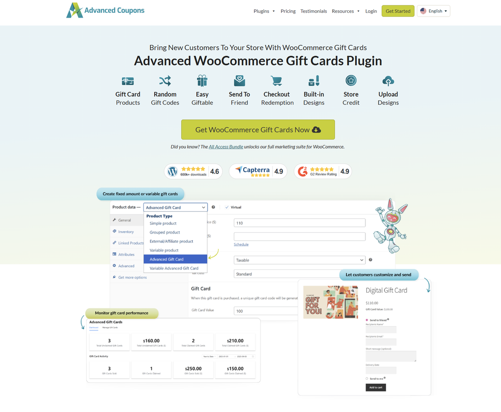 advanced-gift-cards-new-landing-page - Advanced Coupons Advanced Gift Cards landing page with feature icons for gift card products, random codes, giftable cards, send to friend, checkout redemption and built-in designs, and a Get Advanced Gift Cards Now button