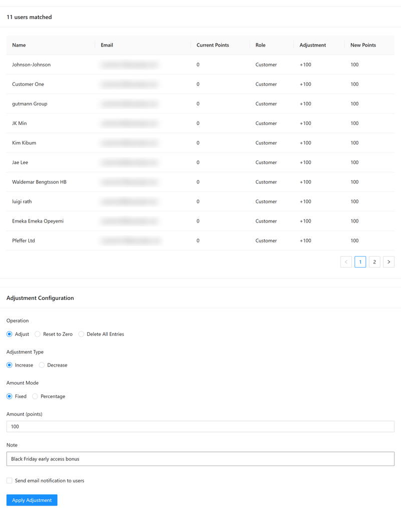 Bulk Adjust preview with 11 customers matched and their emails blurred, each getting plus 100 points, set to Adjust, Increase, Fixed, Amount 100, with the note Black Friday early access bonus
