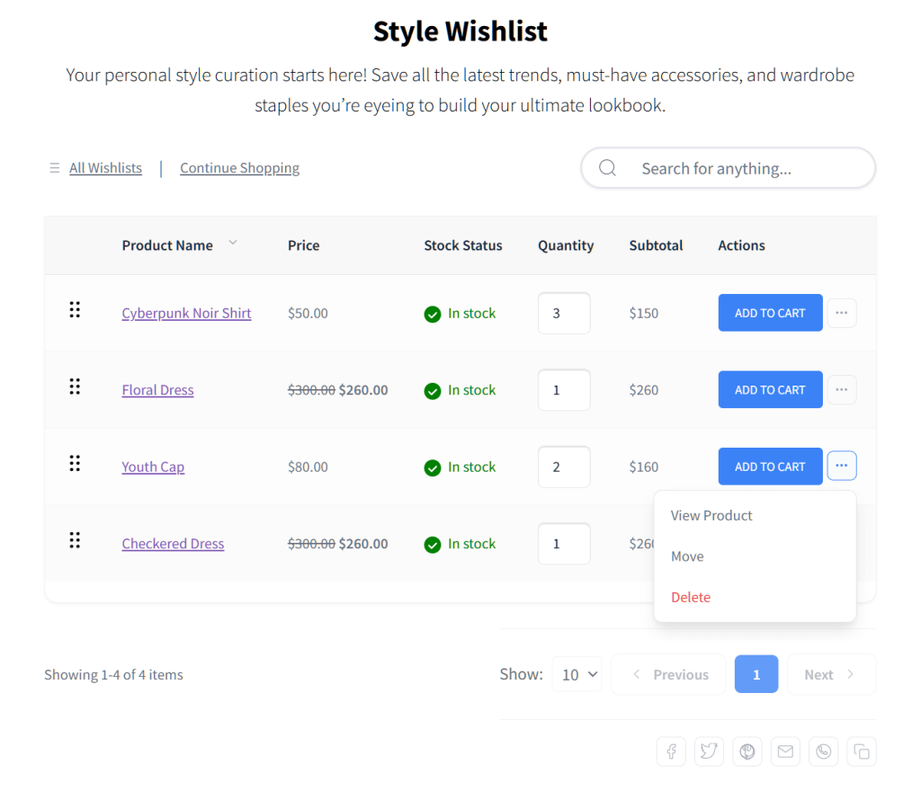 E-commerce wishlist page titled 'Fashion' showing four clothing items with prices, stock status, quantities, and 'Add to Cart' buttons.